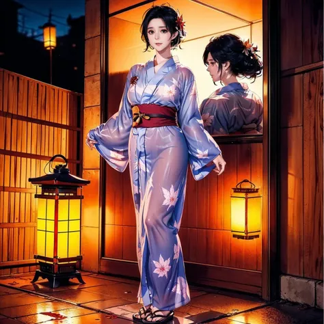 (transparent yukata sheerness:1.4),
(obi silk knot:1.2),
(lantern paper texture:1.1),
(firefly point light:1.15),
(maple leaf subsurface:1.05),
(cobblestone specular:1.1),
(night air moisture:1.05),
(wind-blown hair:1.1),
(lower-third framing:1.1),
(silhou...