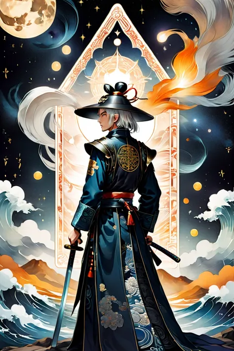 ((( Patterned Exquisite Tarot Card ))), (young guy man white hair in a samurai hat standing with his back)