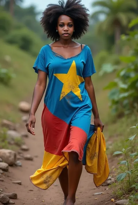 A sad brown woman who wears a torn dress   features the vibrant colors and design of the flag of the Democratic Republic of the Congo. The dress is predominantly blue with a large yellow star and red and yellow accents. She has a voluminous, curly hairstyl...