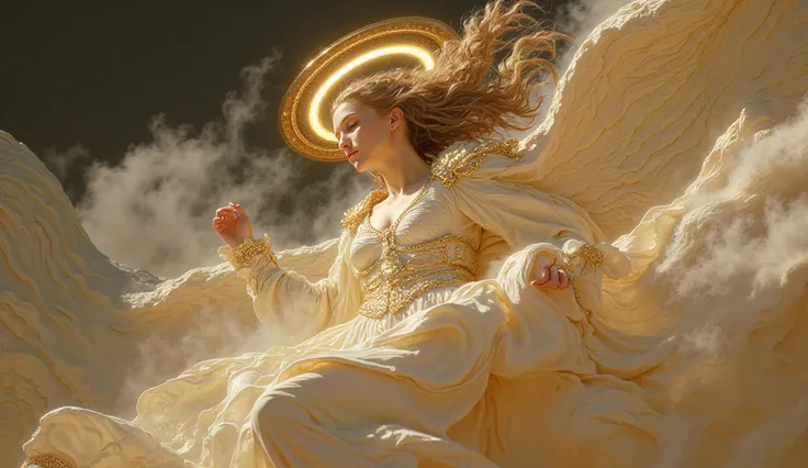 a highly detailed and realistic digital painting of a beautiful female angel with long flowing hair, serene expression, and glowing halo above her head, wearing a flowing white robe, ascending towards the heavens with divine light and clouds around her, ul...