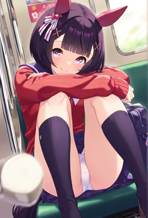 very awa, masterpiece, best quality, newest,  highres, absurdres、 1 、 Nishino Flower、Uma Musume　 Nishino Flower、 small breasts、 short bob、 glossy black hair、Black school uniform、A little bit of her white panties are visible、 black knee socks、 in the train、...