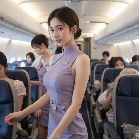  Relaxed dresses and light scarves 、 smiling while wearing ANA flight attendant uniform 。 hair is clean and upstyled 、 makeup is natural and elegant 。Bright in-flight background 、 showing careful service to customers。 professional and sophisticated impress...