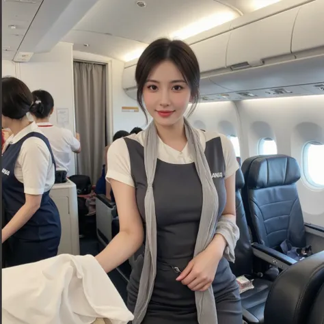  Relaxed dresses and light scarves 、 smiling while wearing ANA flight attendant uniform 。 hair is clean and upstyled 、 makeup is natural and elegant 。Bright in-flight background 、 showing careful service to customers。 professional and sophisticated impress...