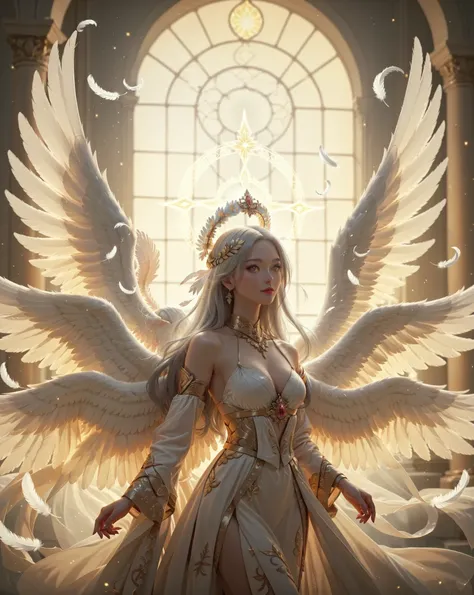 A majestic angel with ((six large spiritual wings)) glows softly with (a divine aura). The female angel has a serene expression with golden eyes, a beautiful feather headdress on her head, and silver hair flowing down her back.