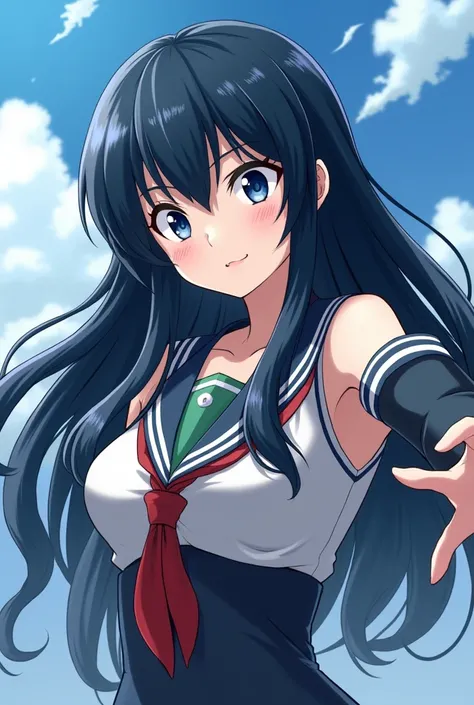 16-year-old girl from the Boku no Hero Academia style anime ,  style anime girl with slanted navy blue eyes, long navy blue hair with black highlights.  she has big breasts . Did you see the join me from the Hero Academy, He has a fighting pose while a str...