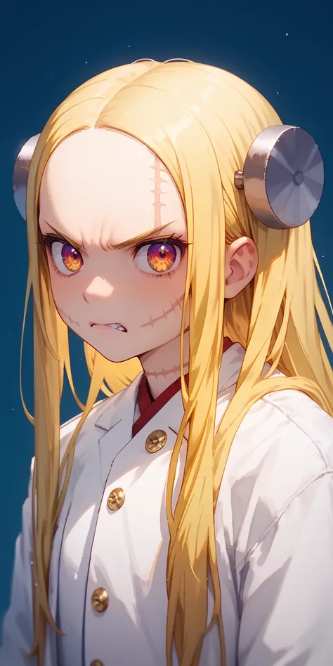 madaraki _, Young woman,frowns,((((in a white coat)))),(( explains )), long hair hairstyle, yellow hair ,,scars on the body,(wicked), speaks to a person,(((furious)))