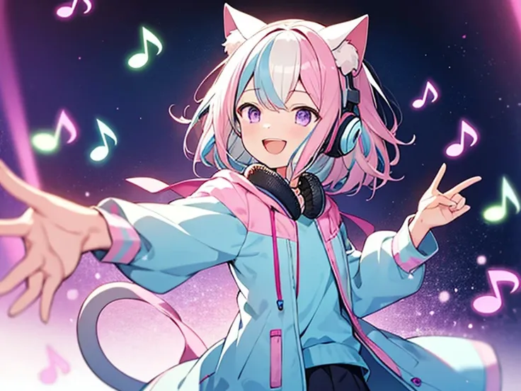  (((( pink and light blue))) (( streak hair)), Highlight Hair ,) ( one girl outside running),, ((( purple eyes))), cat ears,I'm wearing clothes with a musical note pattern and headphones ,  microphone in one hand 、I have a penlight in my other hand ,  with...