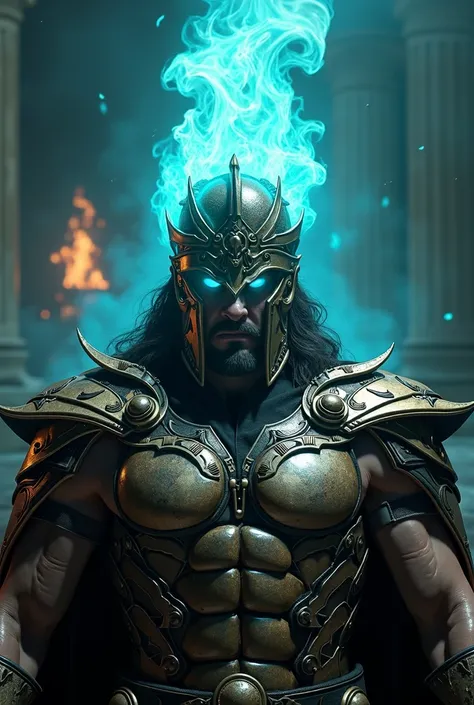 Creat a picture of Hades in a gladiator helmet and his head a cyan fire.
And we see his a demon