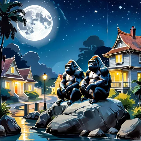 Street lamps, houses, Two gorillas sitting on a rock, Night, bright moon and stars