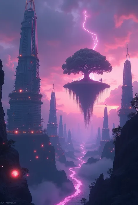 A surreal cityscape, where towering skyscapers float in midair, suspended by glowing orbs. The sky is deep violet, filled with swirling clouds and streaks of neon lighting.  In the distance, a colossal tree glows from a floating island, its roots stretchin...