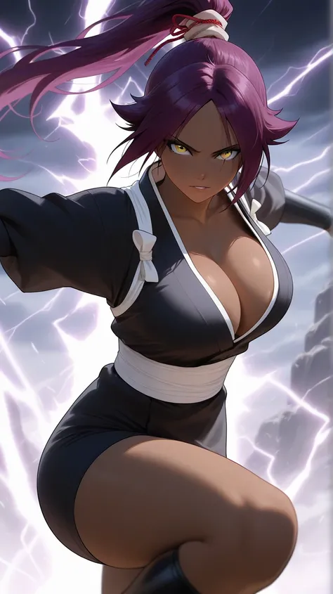  high quolity, solo, yoruichi shihouin, long hair, yellow eyes, ponytail, purple hair, dark skin, dark-skinned female, large breasts, beautiful breasts, beauty leg, whole (body), cute, cleavage, samurai, looking at viewer, portrait, fight, thunder, ultimat...