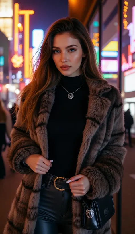 Pretty girl, night city,  under ,  Beautiful detailed face, neat face,  beautiful hairstyle ,  blue eyes,  smile, beautiful slender legs,  built-in figure, expensive fur coat, turtleneck, Beautiful pants , belt, handbag, decorations, gemstone pendant, mode...