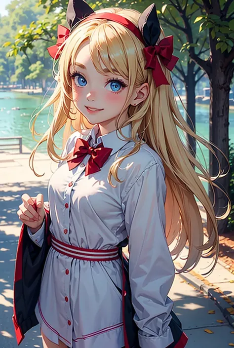 1girl, bare tree, blonde hair, blue eyes, blush, bow, bowtie, eyebrows visible through hair, hair bow, hairband, long hair, long sleeves, looking at viewer, outdoors, red bow, smile, solo