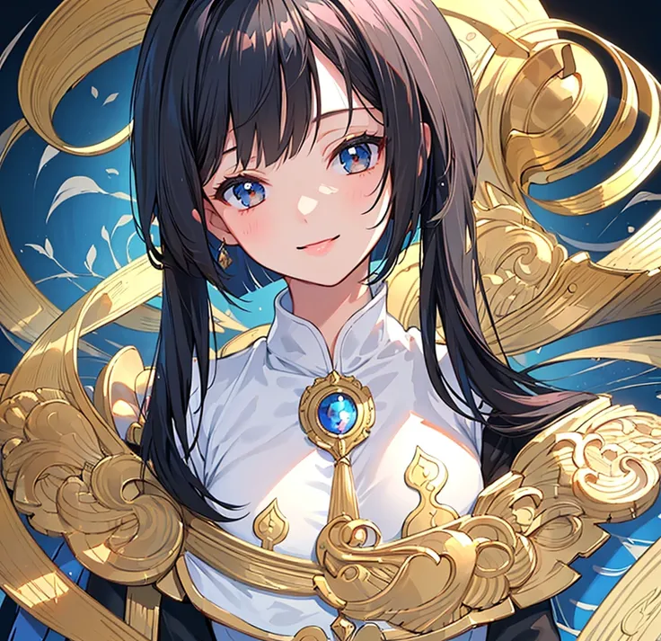 ( best quality, masterpiece,  high quality , delicate description, Elaborate painting). 1 girl,, (((((frontal))))), (((((straight-on))))), focus on face, (close-up:1.2), face through torso,  shiny hair, dark blue hair, pigtail hair style, smile,  Innocence...