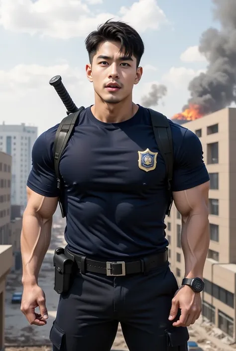 A Korean man about 30 years old อ้าปากตกใจ , Black short hair One side bangs , Small beard , Strong body, big muscles , wearing a Navy-colored military shirt, round neck, short sleeves , Black tactical armor , Black military pants with another knee pad , ,...