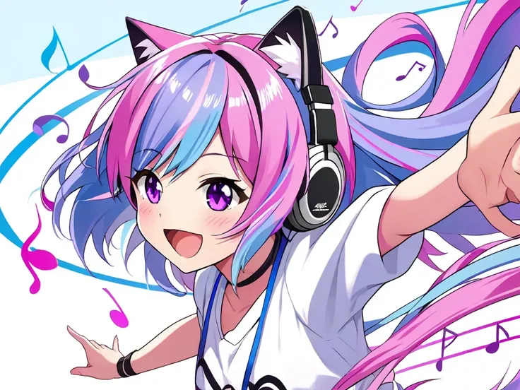  (((( pink and light blue))) (( streak hair)), Highlight Hair ,) ( one girl outside running),, ((( purple eyes))), cat ears,I'm wearing clothes with a musical note pattern and headphones ,  microphone in one hand 、I have a penlight in my other hand ,  with...