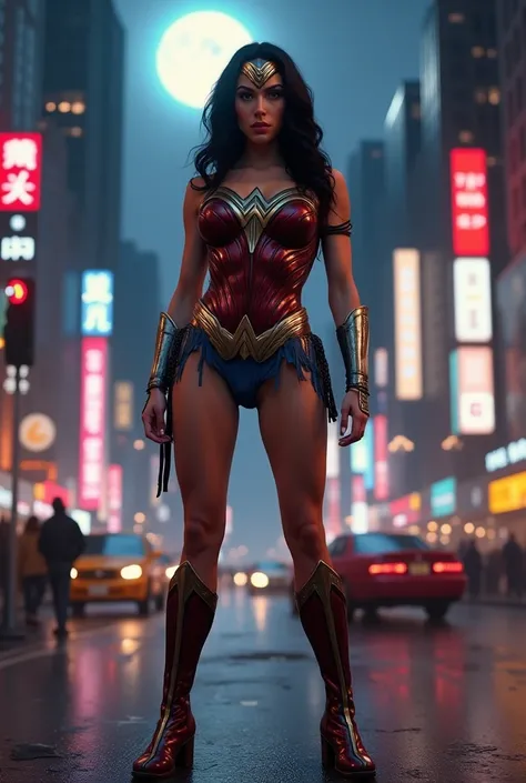 Create an image of Wonder Woman in a sexy outfit in the middle of New York street on a moonlit day