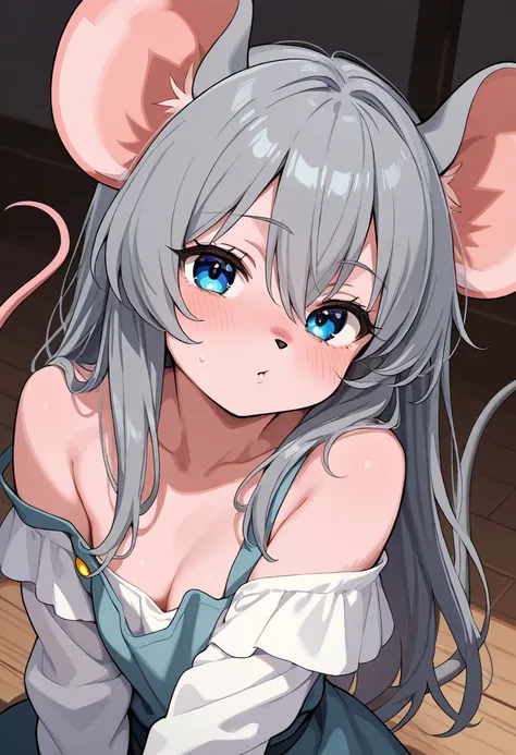   1 GIRL, Alone,  long hair, Mouse tail , Mouse Ears, blue eyes,  furry , overbite,face waiting for kiss