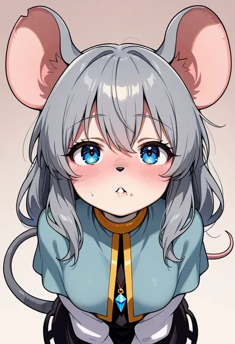   1 GIRL, Alone,  long hair, Mouse tail , Mouse Ears, blue eyes,  furry , overbite,face waiting for kiss