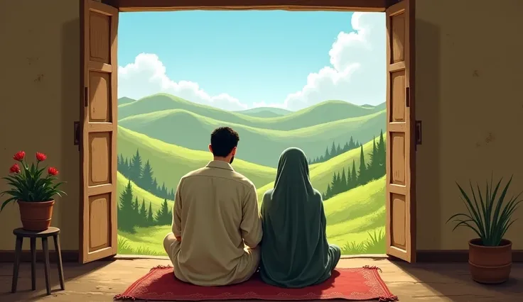 Picture of a Muslim man and woman sitting in a very simple room in the countryside.