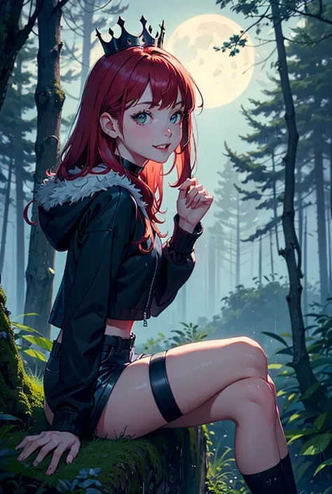 1girl, solo, long hair, red hair, green tips, eyes cuffs, smirk, fangs, from side
black choker, short crop top, fur hood, long sleeves, mini shorts, black stockings, purple sneakers, purple clothing accents, red crown
sitting on tree branch, looking at vie...