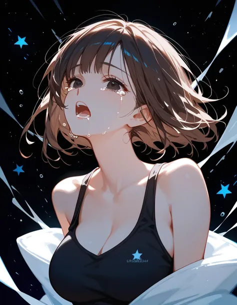 1 person,girl, dark brown hair , in black eyes, short hair ,Hair lost ,, shadow face, black background, Long bangs , Big Breasts,Long facial hair , Slim , Black Tank Top,Tears flowing,Look up,Looking at the golden blue , at night, full star 