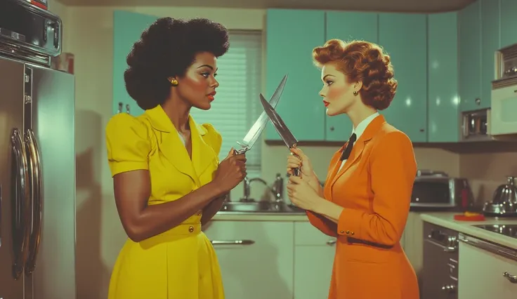 Dorothy Dandridge as Vernita Green, wearing a 1950s housewife dress, holding a knife as she faces Ava Gardner as Beatrix do, wearing a yellow jumpsuit in a suburban kitchen. A 's toy lies on the floor, adding tension to the scene.