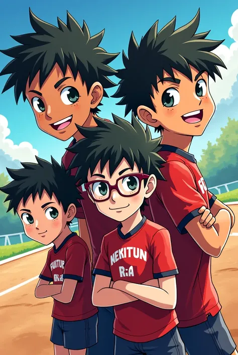 Make anime-style art of a team symbol named Futisin da Rua with 4 boys a brown boy with curly hair who wears glasses and the other white boy who wears glasses and another brown and a brown boy 