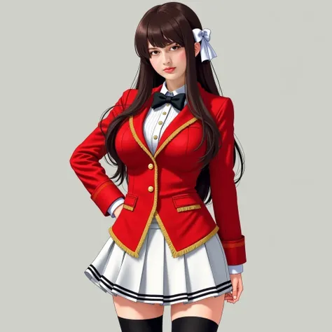 A beautiful woman with huge breasts stands confidently in a Japanese schoolgirl.  He is wearing a blazer bright red with gold fringe ,  white collared shirt,  and a black bow tie .  The blazer is buttoned ,  and the gold buttons add an elegant touch to her...