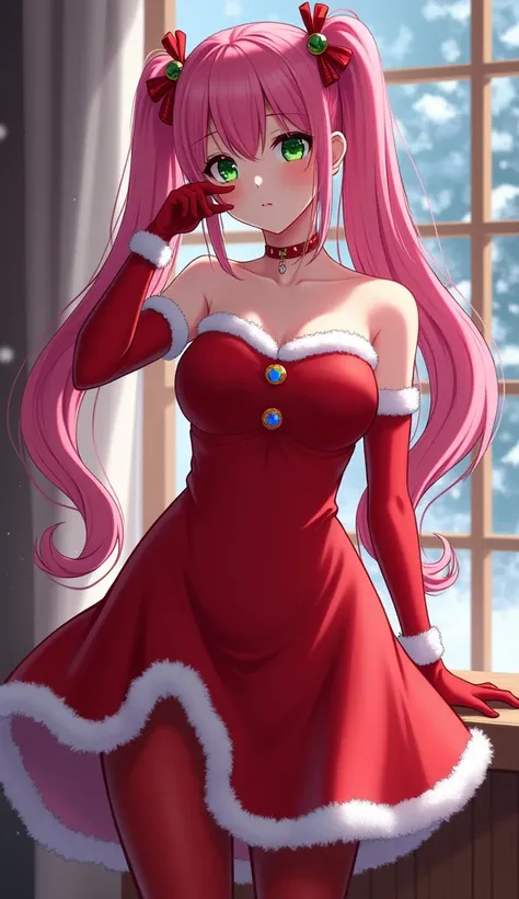  Magenta long pigtails,   covering right eye  , neon green eyes , mujer adulta, girl,  The eyes rhyme pink

Beautiful Santa Claus anime girl,  full body

Red Santa Claus long dress, opening in one leg , white edges, strapless, red stockings, boots with red...