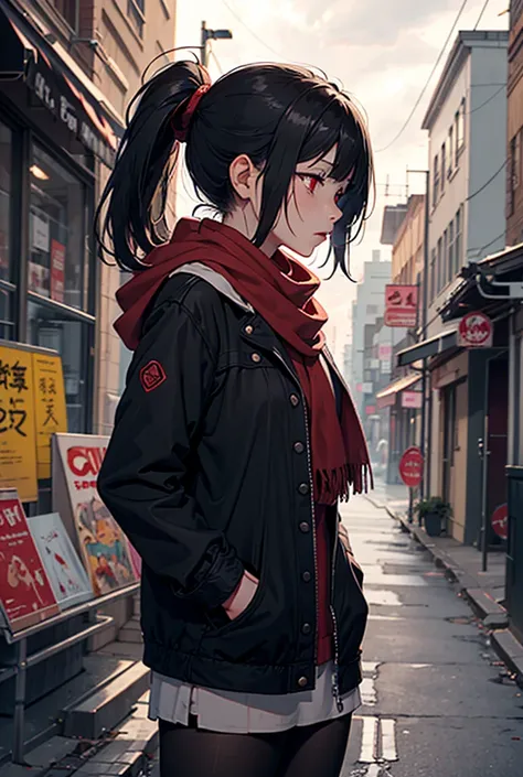  mura karuki, naotin3333, city, gray weather, cloudy, girl standing, profile, hand in pockets, lifelessness, sadness, black hair, red eyes, ponytail, small breasts, red scarf, cigarette, smoke