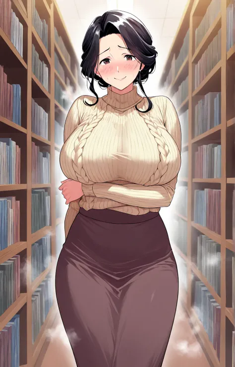 ,, score_9, score_8_superior, score_7_superior,,one person,  solo, mature woman( , big breasts, wavy black hair, rib sweater, long skirt, blush, worried smile), library, steam,,,,  cowboy shot, 