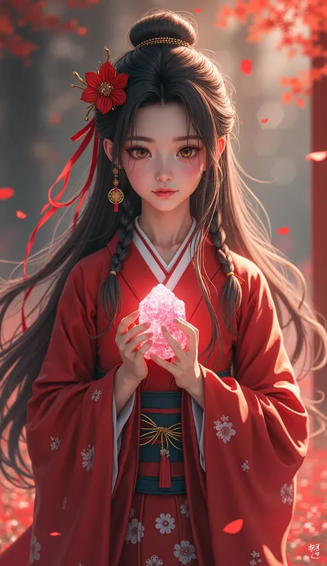 A shrine maiden solo praying to the god who has the crystal of love in a Japanese heart,  1 girl,  high resolution,  long hair, chest,  look,  high resolution, masterpiece, accurate, 最high quality,  high image quality model, high quality,  textured skin,  ...