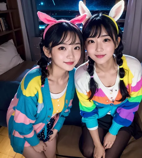 ((Masterpiece)) ((Top quality)). Two Women .(Nightsky.starry ). (8k) Inside  room. Winter.  Socks. Standing line-up.((Selfee)) rainbow color .Neon.glowing light. Sofa. Heart Neon toy .  Cardigan. Blackhair. Headband rabbit. Pigtails