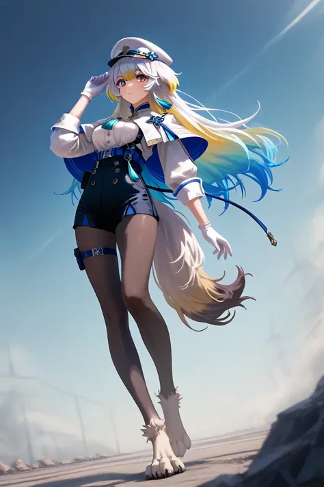 RuriDefault, multicolored eyes, multicolored hair, long hair, animal ears, tail, white peaked cap, hat ornament, blue neck tassel, white dress shirt, harness, white capelet, white gloves, blue belt, high-waist shorts, black shorts, pantyhose under shorts, ...