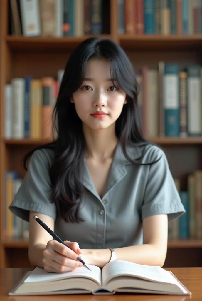 Photo of a Korean woman studying in a library.  black hair . A picture of a Korean woman who is 172 cm tall and weighs 56 kg . I'm wearing a short-sleeved dress that covers my chest. Front view photo,ultra realistic,detail, best quality 32k hd.