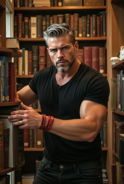 Super realistic, ultra-fine, movie lights, glasses, a handsome bookseller, tidying out the books on the bookshelf. His fashionable appearance, with a confident and focused expression. Don't wear clothes, check carefully. The background should be a comforta...