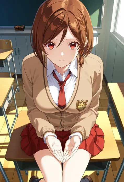 Sakuraimori Akane,solo,red skirt,brown hair,necktie,red eyes,brown cardigan,short hair,school uniform,red necktie,white shirt,black socks,
loafers,from_above,classroom,sitting,wariza,hands_on_lap, BREAK looking at viewer, (cowboy shot:1.5), BREAK (masterpi...