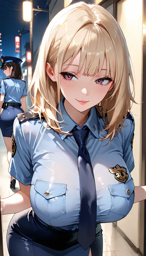 masterpiece,Asian with big boobs , Japanese police uniform, Police shirt ,wavy hair, medium hair ,  blonde , choppy bangs , seductive look ,A woman wearing a pencil skirt ,  downtown at night,  high resolution,looking at another,press breasts together with...