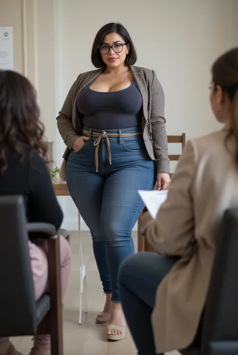 1,75m, 70 kilos, A short-haired, black hair, woman with glasses, wide hips, big breasts, tenue fashion , légèrement en surpoid,  entretien conseillère d'orientation, pov