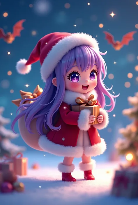 
 Santa Claus happily brings presents、 Santa Claus is a pretty girl 、 Chibi doll 、 Stars in the eyes  (approx)、Eye up 、 long black hair 、Laughter、 Cute red shoes 、sharp focus, Ultra Detail,  radiant light 、bioluminescent、 Pictured from the side 、 Purple ha...