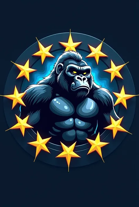  Create a circular symbol for a soccer team .  at the city centre,  place a majestic gorilla ,  with an imposing posture and well-defined musculature ,  with a dark gray coat with metallic details ,  as if it were for

Surrounding the gorilla ,  add ten go...