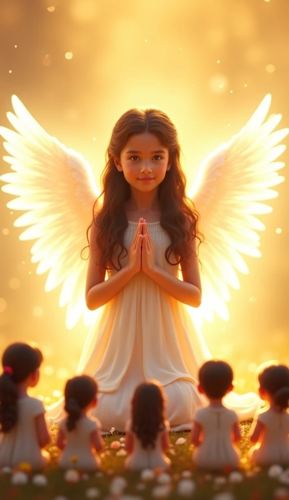 Create a high-definition, vibrant image of an angelic young girl with long, dark hair and serene facial features. She is kneeling in prayer with her hands clasped together, wearing a delicate white dress that radiates purity. Her large, glowing white wings...