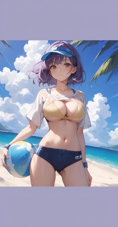  (( top quality)), ((masterpiece)), (  Details),  1 girl、 1girl , I have, girl ,blush, short hair, purple hair, navel, closed mouth, brown eyes, standing, collarbone, hetero, outdoors, large breasts, solo focus, day, cloud, stomach, water, blue sky, ocean,...