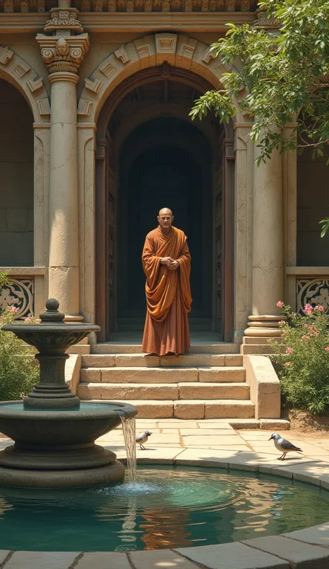 the beautiful courtyard of an ancient Hindu temple, a fantan monk stands at the door of the temple and looks at the birds that drink water in the fantan