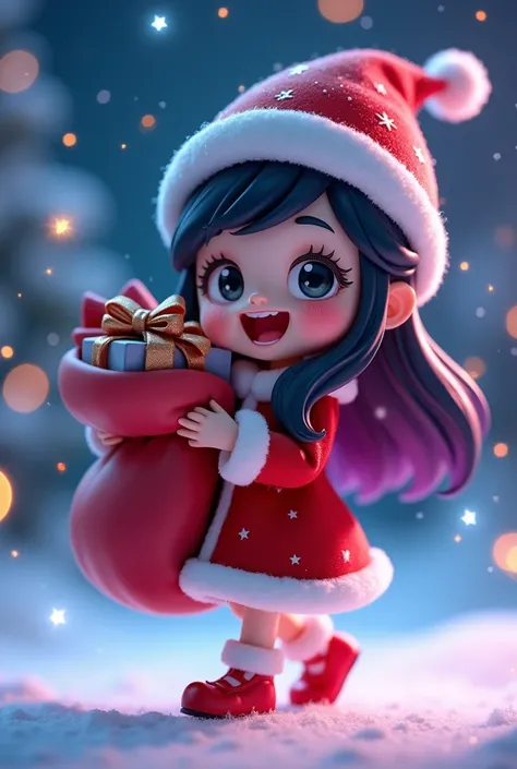 
 Santa Claus happily brings presents、 Santa Claus is a pretty girl 、 Chibi doll 、 Stars in the eyes  (approx)、Eye up 、 long black hair 、Laughter、 Cute red shoes 、sharp focus, Ultra Detail,  radiant light 、bioluminescent、 Pictured from the side 、 Purple ha...