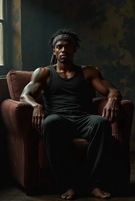 A young black thug on a couch wearing a black singlet and a bandana 