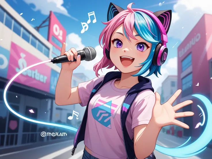  (((( pink and light blue))) (( streak hair)), Highlight Hair ,) ( one girl outside running),, ((( purple eyes))), cat ears,I'm wearing clothes with a musical note pattern and headphones ,  microphone in one hand 、I have a penlight in my other hand ,  with...