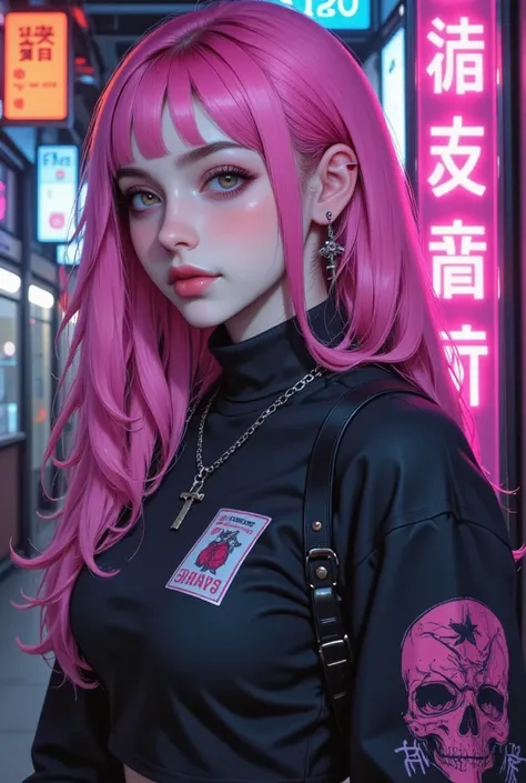 darkness,  neon lights, long shot:1.4,  Full body ,  Anatomically correct ,  hyper realistic :1.5, , 8K, photorealistic ,  cinematic lighting , hyper detailed, arte digital, beautiful cyberpunk girl ,  detailed face with large and expressive eyes ,  long e...