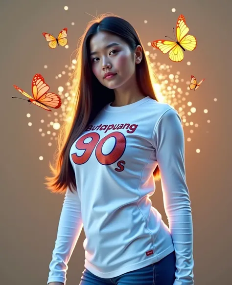     Best Mobile Phone Wallpaper Award-winning portrait photo ,  Full Body Image ,   South-West Asian girl with a round face  ,Age 25 years,    A white shirt with a bright dark blue print with graphic print  , "Butapuang 90s ," ,  wearing expensive colorful...